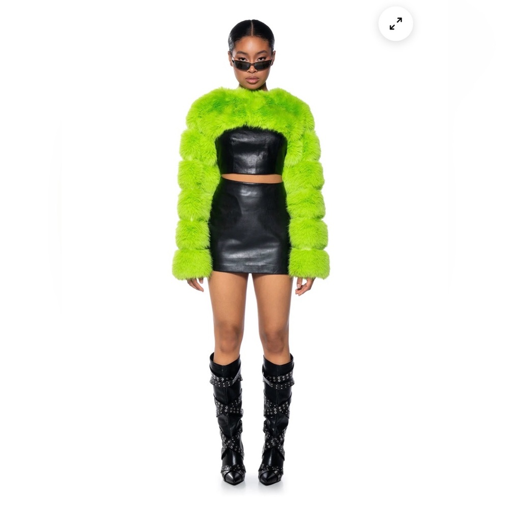 Neon Green Faux Fur Bolero Shrug Jacket - Picture 6 of 8